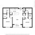 Modern 2-bedroom apartment floor plan with a spacious living area, open kitchen, two baths, and a private balcony.