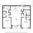 Modern floor plan showcasing 2 bedrooms, 2 baths, open kitchen, and spacious living area with balcony.