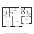 Contemporary 2-bedroom floor plan with dual walk-in closets, spacious kitchen with pantry, and open living area.