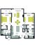 Contemporary apartment floor plan featuring 2 spacious bedrooms, an open living/dining area, modern kitchen, and private patio.