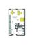 Chic apartment floor plan featuring a combined living and dining area, a spacious kitchen with modern amenities, a cozy sleeping area, and a well-designed bathroom.