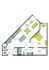 Modern floor plan with spacious bedroom, open living/dining area, well-equipped kitchen, and walk-in closet.