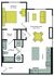 Modern open-concept floor plan highlighting 1 bedroom with walk-in closet, spacious living and dining area, and a fully-equipped kitchen.