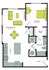 Modern 1-bedroom floor plan featuring a spacious living and dining area, well-equipped kitchen, walk-in closet, and convenient laundry space.