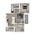 Modern floor plan showcasing 2 spacious bedrooms, an elegant open-concept living and kitchen area, and private patio access.