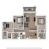 Modern 2D floor plan with two spacious bedrooms, open-plan kitchen with island, cozy living area, and charming balcony.