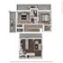 Modern 3D floor plan showcasing a two-story layout with two bedrooms, an inviting open-concept kitchen and living area, and a private balcony.