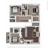 Modern 3D floor plan showcasing two-story layout with 3 bedrooms, stylish kitchen with island, cozy living area, and private balcony.