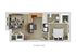 Modern floor plan showcasing a stylish one-bedroom apartment with an open living area, chic kitchen with island seating, and a spacious bathroom.