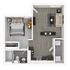 Modern 1-bedroom apartment floor plan featuring an open living area, well-equipped kitchen, and stylish bathroom, perfect for comfortable living.