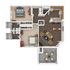 Elegant 3D floor plan featuring two spacious bedrooms, a modern open-concept living area, a sleek kitchen, and a private balcony.