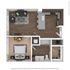 Modern 2D floor plan showcasing a spacious 1-bedroom apartment with an open-concept living area, stylish kitchen with island, and inviting bathroom layout.
