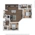 Modern 3D floor plan showcasing two spacious bedrooms, an open-concept living area, and a sleek kitchen with an island.