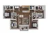 Modern L-shaped floor plan showcasing three bedrooms, two bathrooms, open kitchen with island seating, cozy living area, and private balcony.