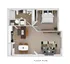 Inviting floor plan featuring a cozy one-bedroom, open living area, modern kitchen with dining space, and elegant bathroom.