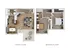 Charming 3D floor plan displaying a first floor with modern kitchen, cozy living room, and dining area; second floor showcasing a spacious bedroom with a bathroom.