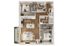 Elegant floor plan featuring 2 bedrooms, open living-dining area, and modern kitchen.