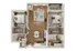 Elegant 2D floor plan with three bedrooms, open living room, and modern kitchen.