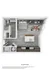 Elegant 3D floor plan featuring a studio layout with a bedroom area, open-concept kitchen, and cozy living space.