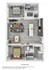 3D floor plan featuring 2 bedrooms, open-plan living and dining area, and modern kitchen with island.