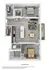 Chic floor plan depicting 2 bedrooms, an expansive open living area, and a modern kitchen with island.