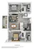 3D floor plan showcasing 2 bedrooms, open kitchen, living area, and balcony.