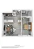 Modern 3D floor plan showing a single bedroom, open living dining area, and sleek kitchen.