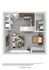 3D floor plan of a modern one-bedroom apartment with open kitchen and cozy living area.