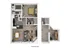 Inviting floor plan showcasing one bedroom, a modern open-concept kitchen, spacious living area, two bathrooms, and a dedicated office space.