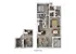Chic floor plan showcasing two bedrooms, modern kitchen with breakfast bar, cozy living area, and inviting balcony.