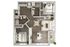 Elegant 3D floor plan showcasing 2 spacious bedrooms, open-concept living and dining area, modern kitchen, and cozy balcony.
