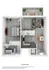 Modern 3D floor plan showcasing a spacious bedroom, elegant bathroom, open-concept living and dining area, and a cozy balcony with plants.