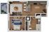 Elegant apartment floor plan with one bedroom, an open-concept living area, modern kitchen with island, and cozy balcony.