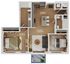 Modern open-concept floor plan featuring two spacious bedrooms, a stylish kitchen island, and a cozy living area with access to a charming balcony.