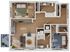 Modern 3D floor plan showcasing two spacious bedrooms, an open living space, and a contemporary kitchen with patio access.