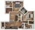 Contemporary 2D floor plan showcasing a stylish 2-bedroom apartment with an open living and dining area, modern kitchen, and ample storage space.