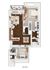Modern 2-bedroom floor plan with stylish furnishings, open living area, balcony, and well-appointed kitchen.