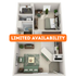 Chic floor plan displaying one-bedroom apartment with open living and dining area, modern kitchen, and cozy workspace. Limited availability.