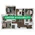 Modern floor plan with 3 bedrooms, stylish open kitchen, and spacious living and dining area, featuring elegant wood flooring. Limited availability.