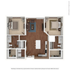 Modern floor plan showcasing 2 spacious bedrooms, an inviting open-concept living room, sleek kitchen with island, and 2 stylish bathrooms.