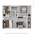 Modern open-concept 2D floor plan featuring a luxurious bedroom, elegant bathroom, and spacious living area with sleek kitchen design and stylish furnishings.