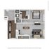 Elegant floor plan showcasing a spacious 1-bedroom apartment with a modern open kitchen, stylish living area, and a luxurious bathroom.