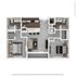 Modern and inviting 2D floor plan featuring two bedrooms, a spacious living area, and a sleek kitchen with island seating.
