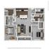 Modern 3D floor plan featuring 2 stylish bedrooms, a cozy living room, chic kitchen with island, and elegant bathroom design.