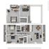 Elegant 3D floor plan showcasing two-story design with 2 bedrooms, stylish living area, modern kitchen, and cozy balcony.