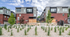 Modern townhouse complex with vibrant landscaping, sleek architecture, and spacious design.
