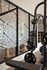 Contemporary fitness room with sleek weightlifting equipment, accented by artistic wall decor.