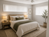 Inviting bedroom with elegant decor, featuring a cozy bed, soft lighting, and a lush potted plant for a serene ambiance.