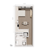 Compact and modern studio floor plan with integrated kitchen, cozy sleeping area, and convenient in-unit laundry.