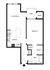 Modern 1-bedroom floor plan with open kitchen, spacious living room, and private patio.